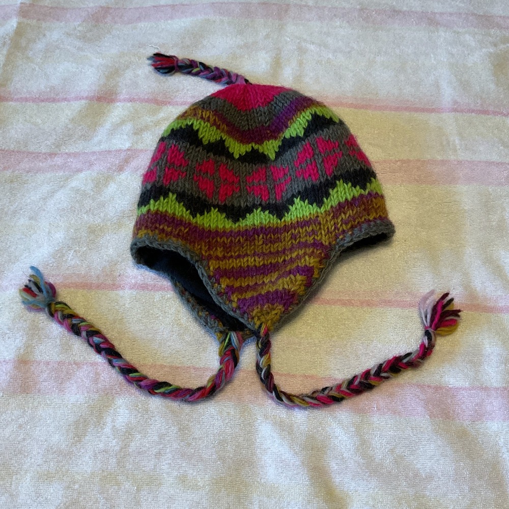 Unbranded Earflap Beanie Women OS Multi Color Excellent Wool Knit Nepal Boho